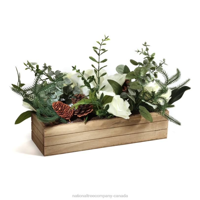 H4X0490National Tree Company Mixed Greens and White Flowers Christmas Arrangement with Wood Box Base, 23 in