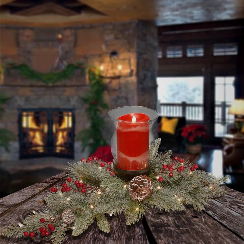 H4X0503National Tree Company Snowy Bristle Berry Candleholder Centerpieces