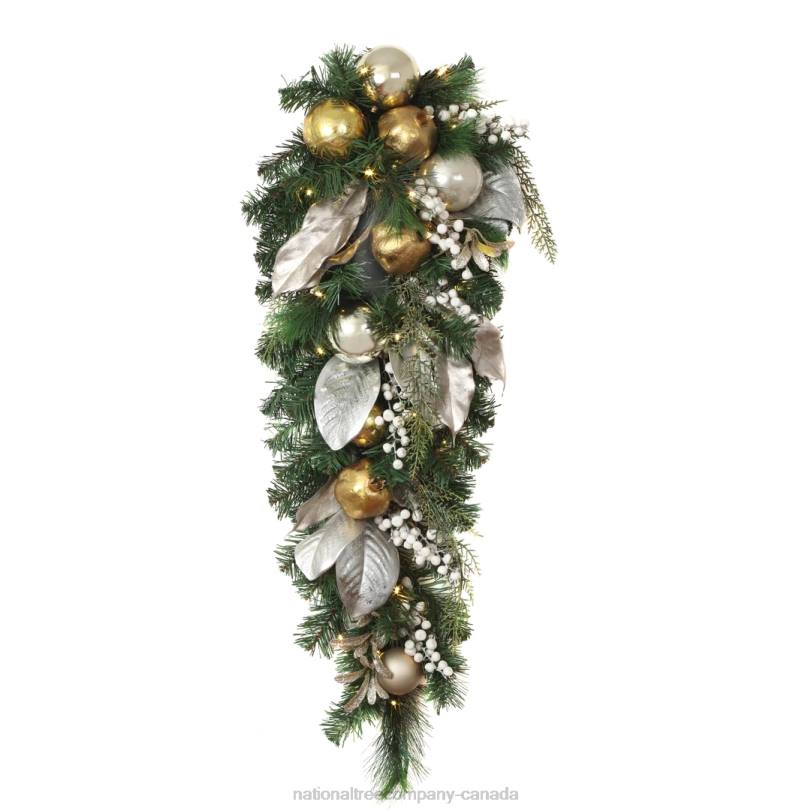 H4X0507National Tree Company Pre-Lit Artificial Christmas Swag Yuletide Glam Gold Decorated Teardrop, with Warm White LED Lights, Battery Powered, 36 in