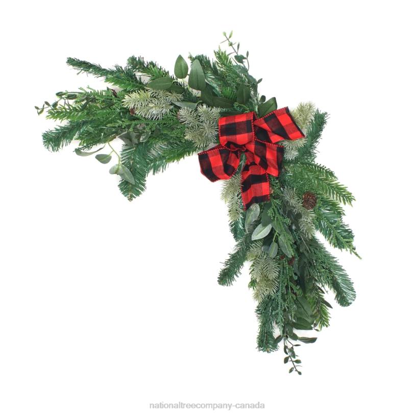 H4X0511National Tree Company Mixed Pine and Bow Christmas Corner Swags with Plaid Bow and Pinecones, Set of Two, 24 in