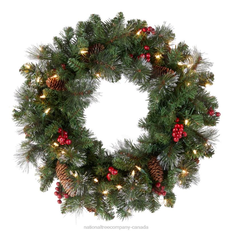 H4X0220National Tree Company Pre-Lit Artificial Christmas Wreath, Green, Crestwood Spruce, White Lights, Plug-In, Decorated with Pine Cones, Berry Clusters, Christmas Collection, 24 Inches