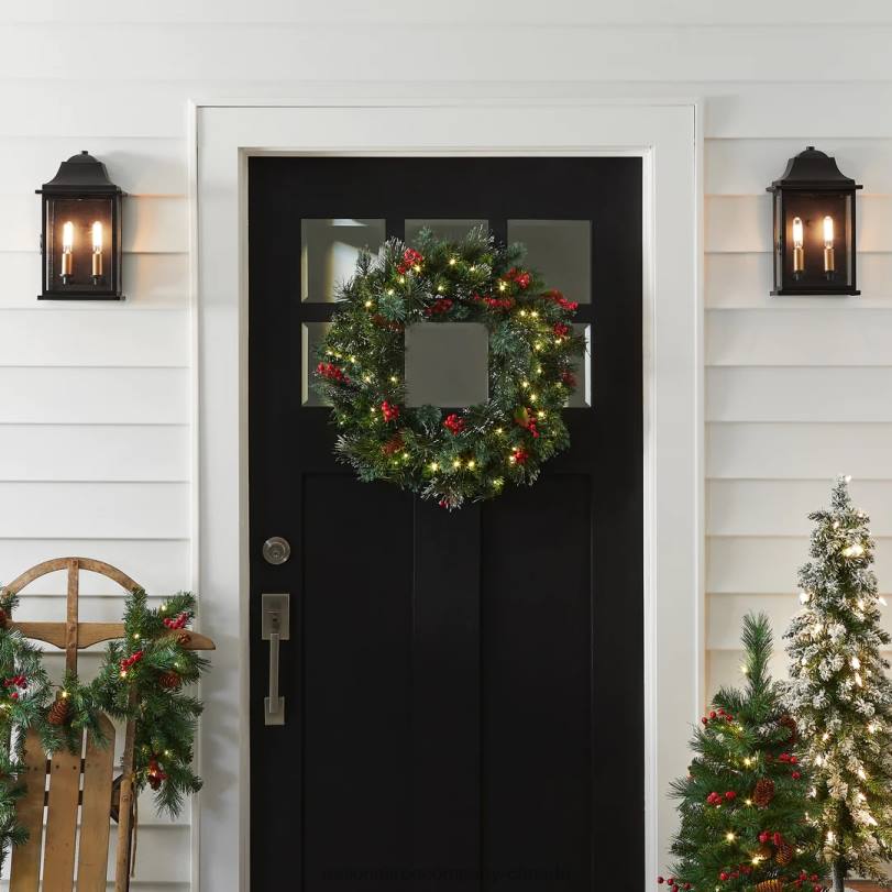 H4X0231National Tree Company Pre-Lit Artificial Christmas Wreath, Green, Wintry Pine, White Lights, Decorated with Pine Cones, Berry Clusters, Frosted Branches, Christmas Collection, 24 Inches