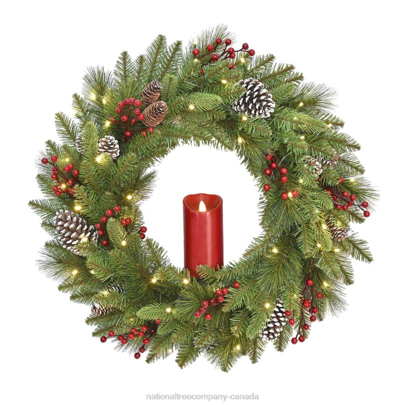 H4X0235National Tree Company Pre-Lit Artificial Christmas Wreath, Green, Bristle Berry Pine, White Lights, Decorated with Frosted Branches, Pine Cones, Berry Clusters, Christmas Collection, 24 Inches