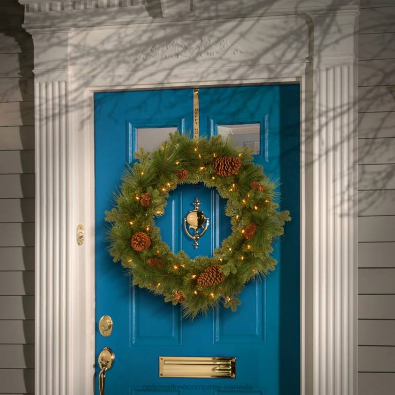 H4X0263National Tree Company Pre-Lit Artificial Christmas Wreath, Green, Eastwood Spruce, White Lights, Decorated with Pine Cones, Christmas Collection, 24 Inches
