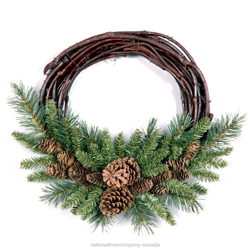 H4X0264National Tree Company Artificial Christmas Wreath, Green, Grapevine, White Lights, Decorated with Pine Cones, Evergreen Branches Christmas Collection, 16 Inches