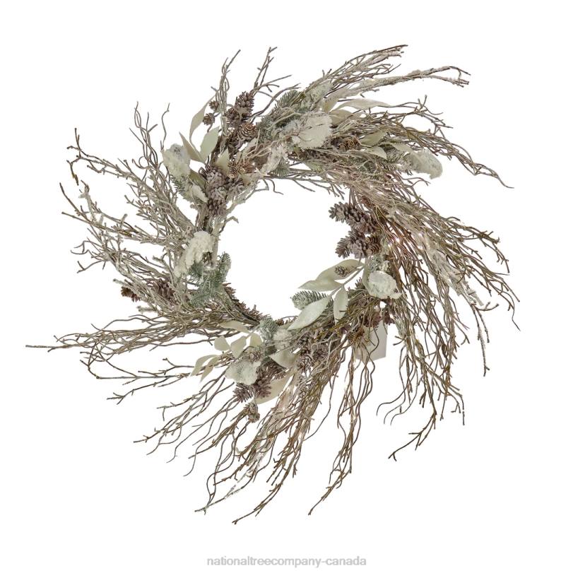 H4X0278National Tree Company 24in Christmas Alpine Trimmed Snow Lump Wreath, 150 Pure White LED Rice Lights- Battery Operated with Remote Control