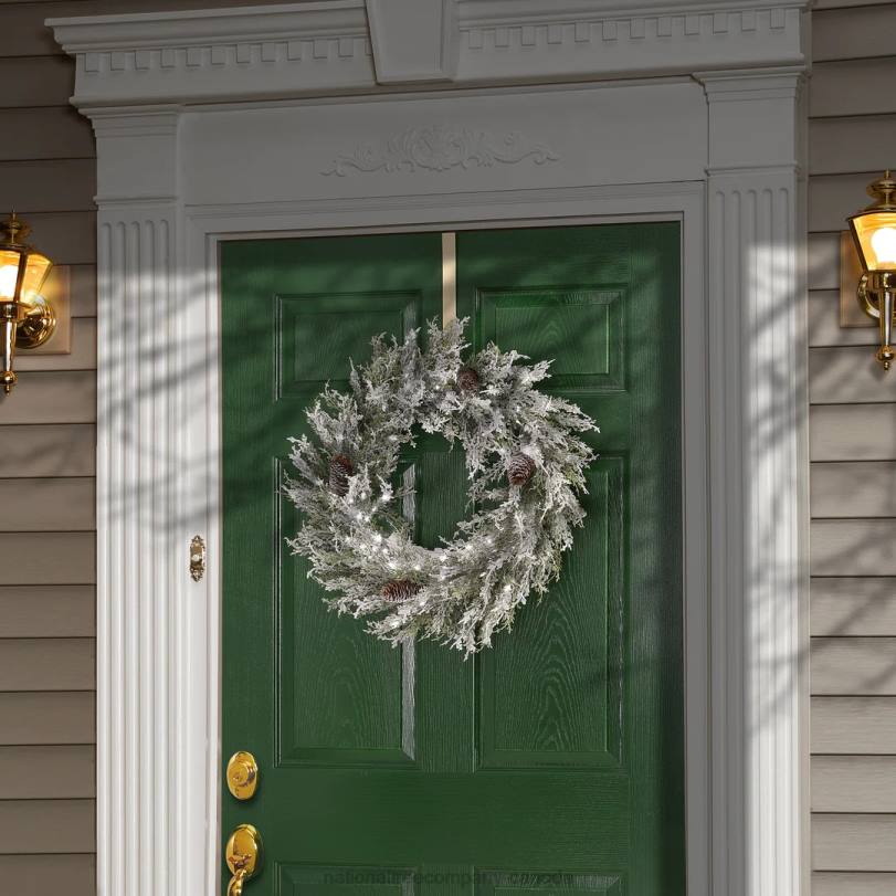 H4X0293National Tree Company 24in Pre-Lit Snowy Christmas Wreath with Pinecones