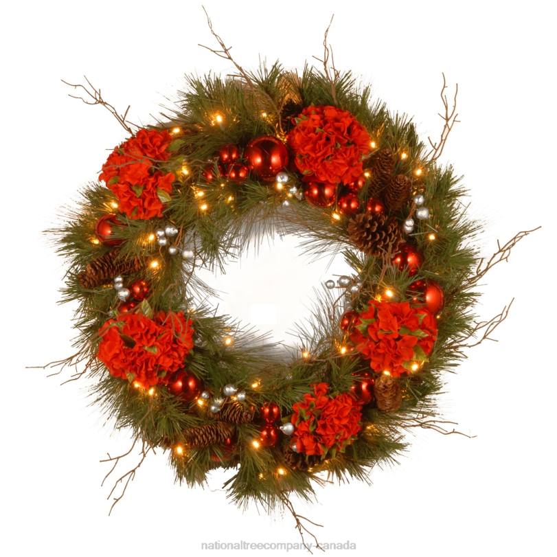 H4X0297National Tree Company Pre-Lit Artificial Christmas Wreath, Green, Hydrangea, White Lights, Decorated with Flower Blooms, Ball Ornaments, Pine Cones, Branches, Christmas Collection, 24 Inches