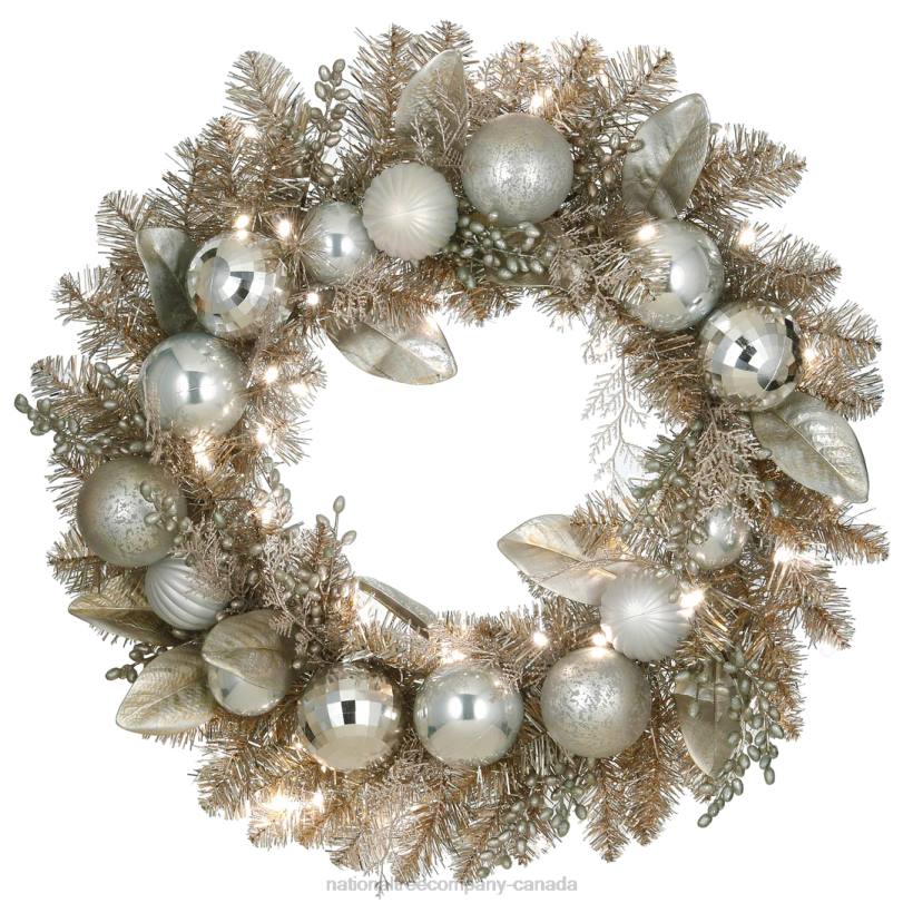 H4X0308National Tree Company 24in Pre-Lit Yuletide Glam Silver Decorated Wreath