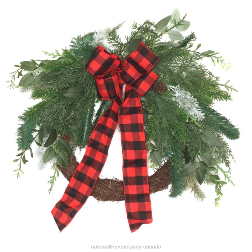 H4X0318National Tree Company Artificial Mixed Pine and Bow Christmas Wreath, Evergreen Branch Tips and Leafy Greens Decorated with Petite Pinecones, Red & Black Plaid Bow, 22 in
