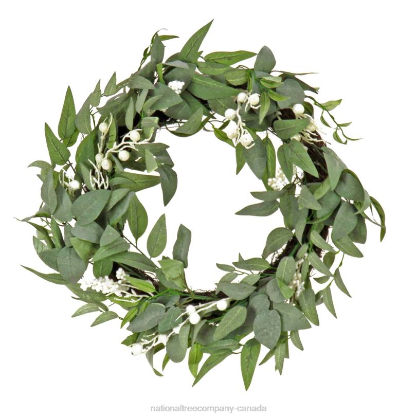 H4X0320National Tree Company Artificial Mixed Green Leaves Christmas Wreath, Decorated with White Berry Clusters, Woven Branch Base, 24 in