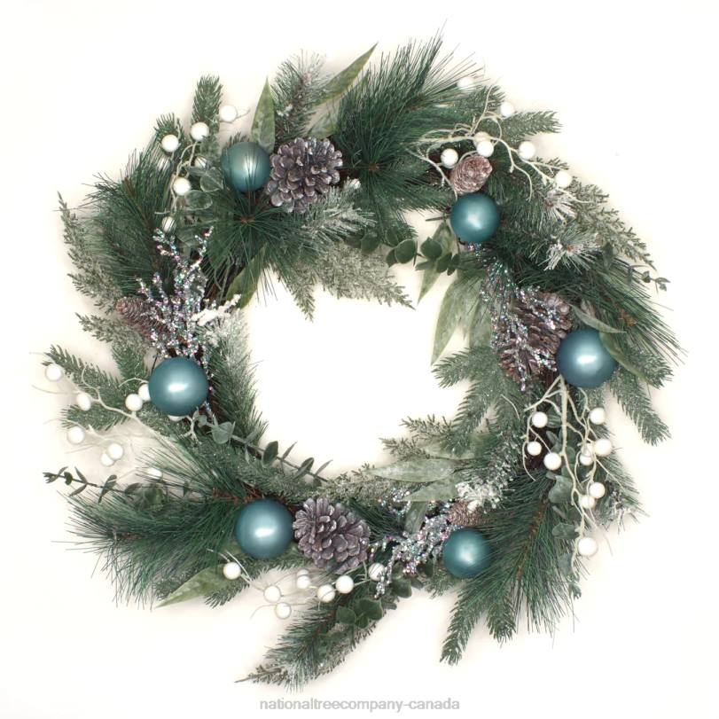 H4X0321National Tree Company Artificial Decorated Evergreen Christmas Wreath, with Berry Clusters, Silver Pinecones, and Leafy Greens, 24 in
