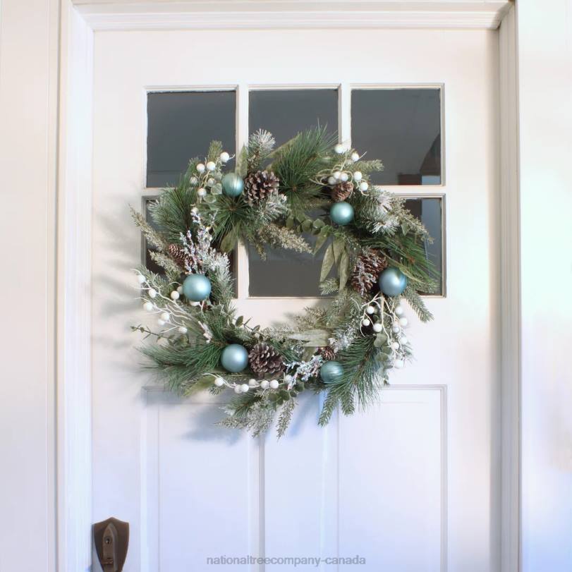 H4X0321National Tree Company Artificial Decorated Evergreen Christmas Wreath, with Berry Clusters, Silver Pinecones, and Leafy Greens, 24 in