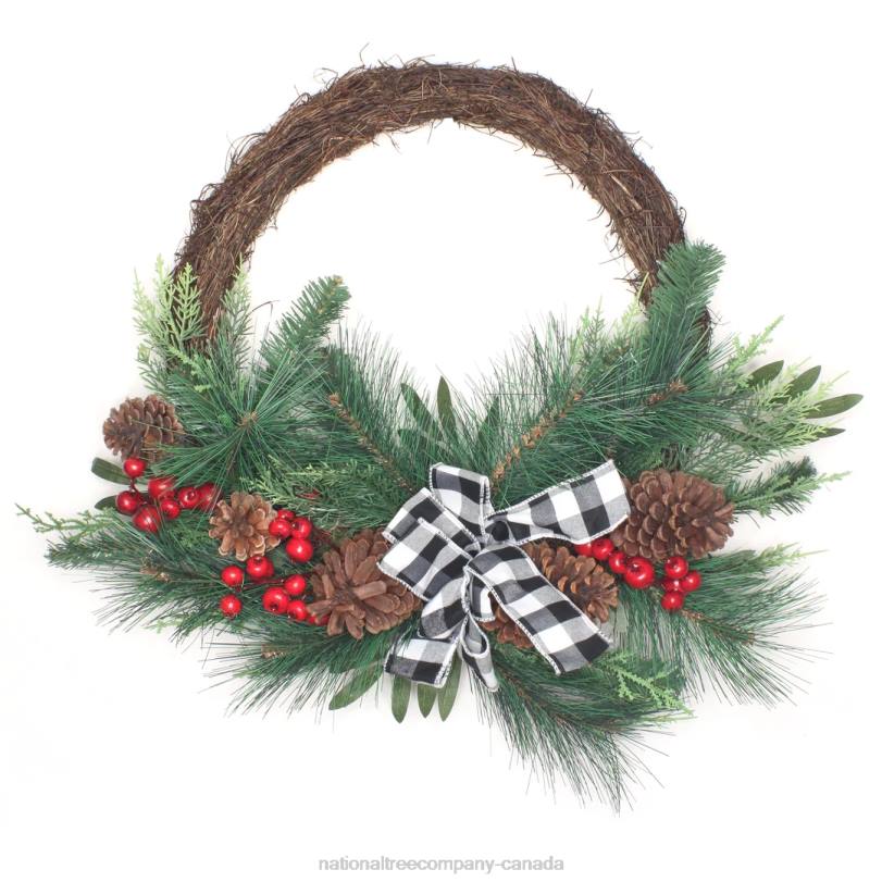 H4X0324National Tree Company Artificial Christmas Mixed Pine and Berries Wreath, Decorated with Red Berries, Pinecones, and Black & White Plaid Bow, Bristle Branch Tips, 24 in