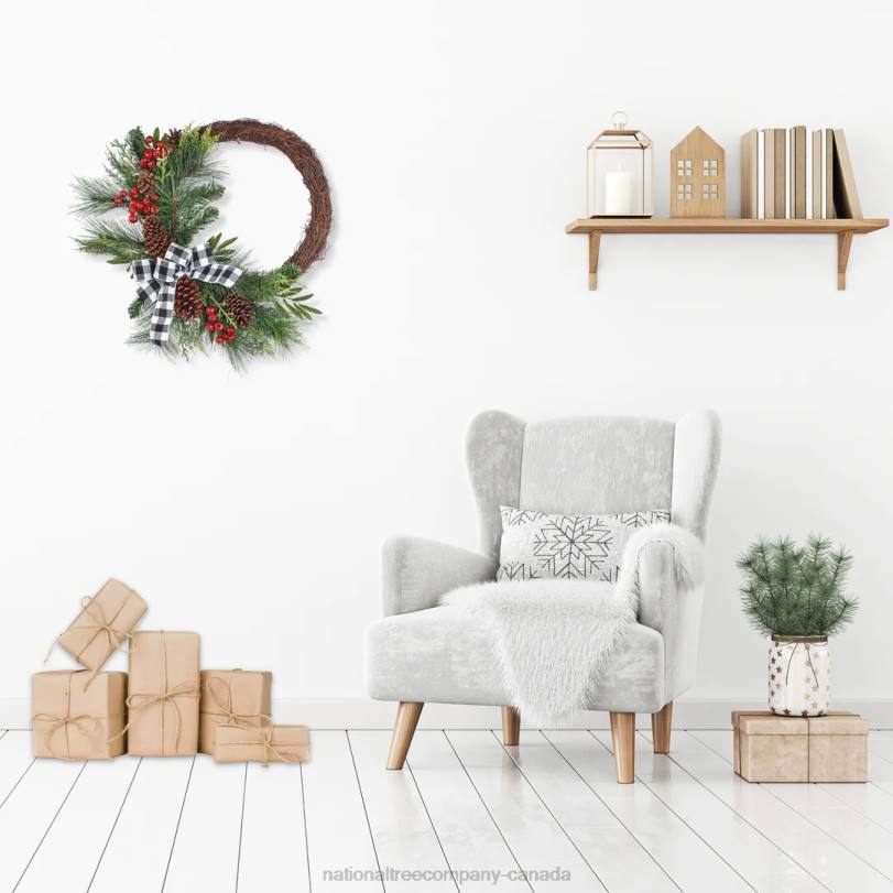 H4X0324National Tree Company Artificial Christmas Mixed Pine and Berries Wreath, Decorated with Red Berries, Pinecones, and Black & White Plaid Bow, Bristle Branch Tips, 24 in