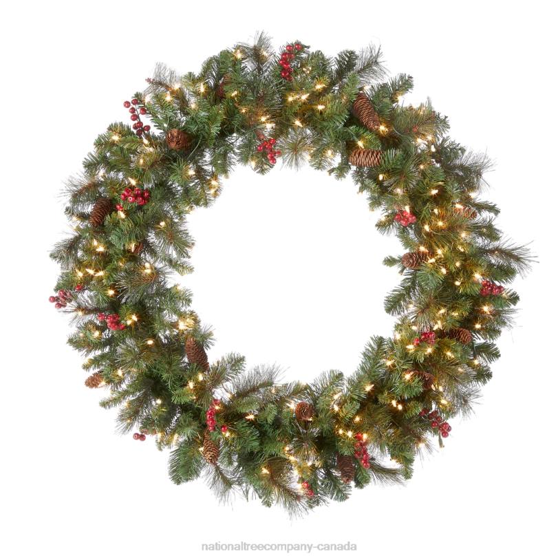 H4X0227National Tree Company Pre-Lit Artificial Christmas Wreath, Green, Crestwood Spruce, White Lights, Decorated with Pine Cones, Berry Clusters, Frosted Branches, Christmas Collection, 36 Inches