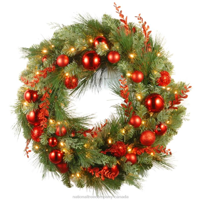 H4X0260National Tree Company Pre-Lit Artificial Christmas Wreath, Green, Evergreen, White Lights, Decorated with Ball Ornaments, Red Sprigs, Christmas Collection, 30 Inches