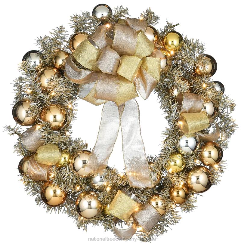 H4X0267National Tree Company Pre-Lit Artificial Christmas Wreath, Gold Ornament Metallic, with Warm White LED Lights, Battery Powered, 28 in
