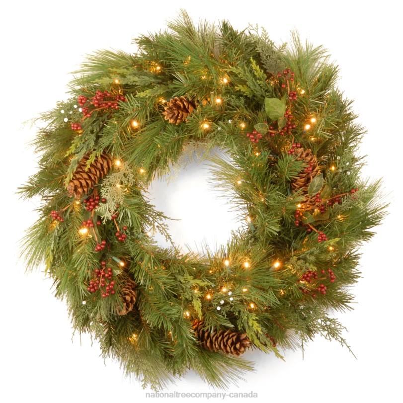 H4X0271National Tree Company Pre-Lit Artificial Christmas Wreath, Green, White Pine, White Lights, Decorated with Berry Clusters, Pine Cones, Christmas Collection, 30 Inches