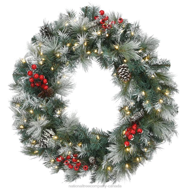 H4X0283National Tree Company Pre-Lit Artificial Christmas Wreath, Green, Snowy Glacier Pine, White Lights, Decorated with Pine Cones, Berry Clusters, Frosted Branches, Christmas Collection, 30 Inches