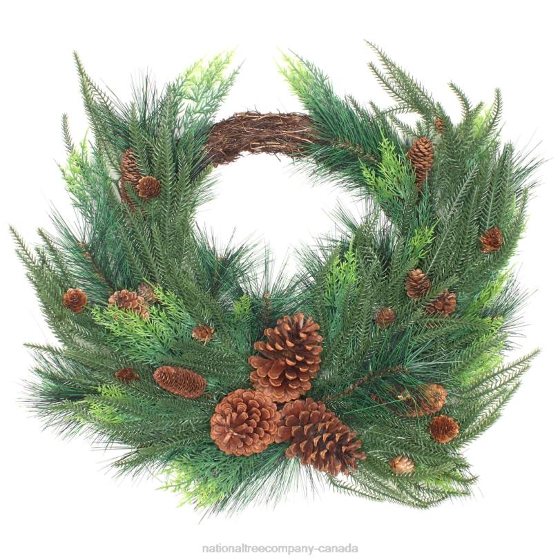 H4X0286National Tree Company Artificial Mixed Bristle Branch Pine Christmas Wreath, Decorated with Woven Branch Base, Light Green Cypress Tips and Pinecones, 26 in