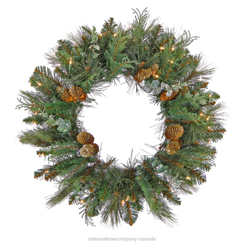 H4X0290National Tree Company First Traditions Collection, 30in Pre-Lit Artificial North Conway Wreath with Glittery Cones and Eucalyptus