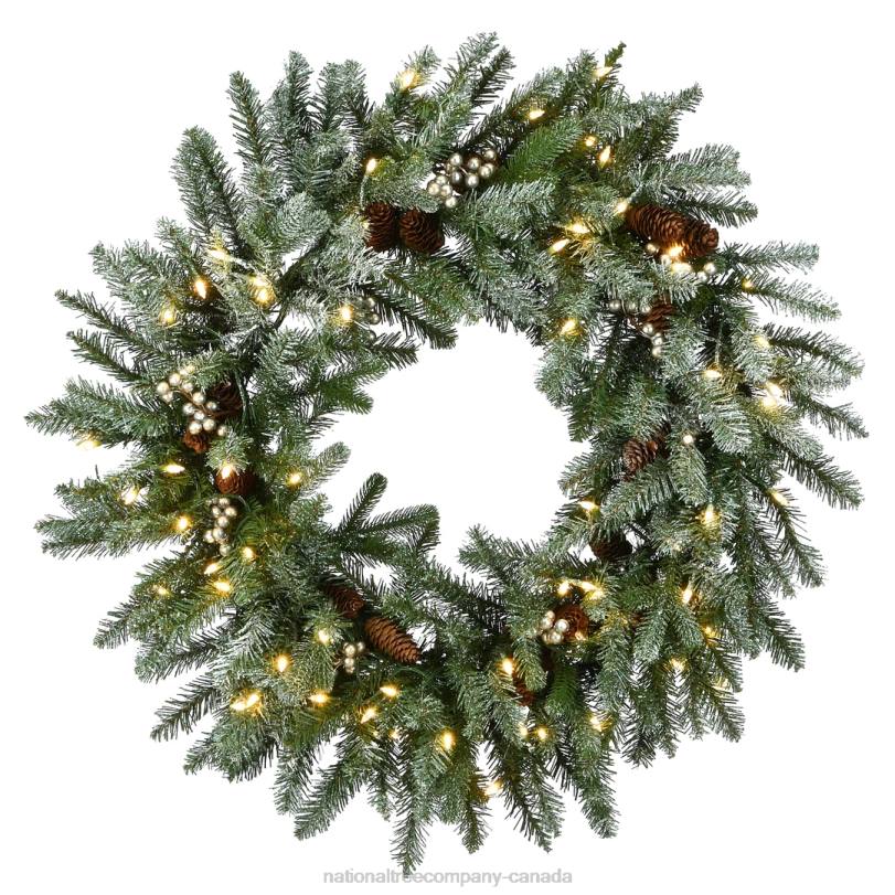 H4X0296National Tree Company Pre-Lit Artificial Christmas Wreath, Green, Snowy Morgan Spruce, White Lights, Decorated with Pine Cones and Frosted Branches, Christmas Collection, 30 Inches