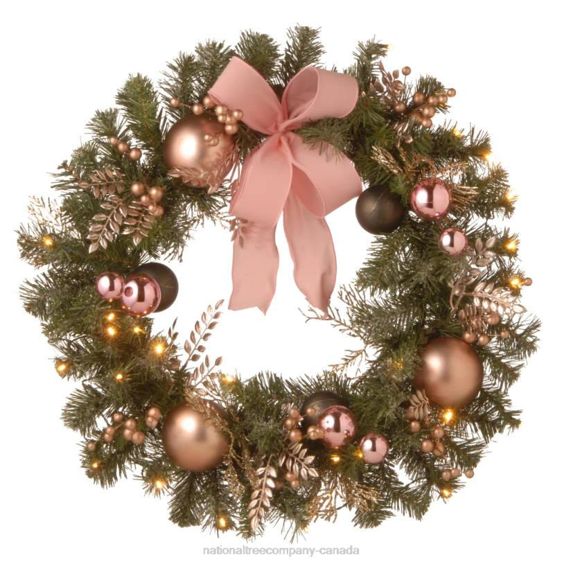 H4X0299National Tree Company Pre-Lit Artificial Christmas Wreath, Green, Bristle Berry Pine, White Lights, Decorated with Ball Ornaments, Pink Ribbon Bows, Twigs, Christmas Collection, 28 Inches