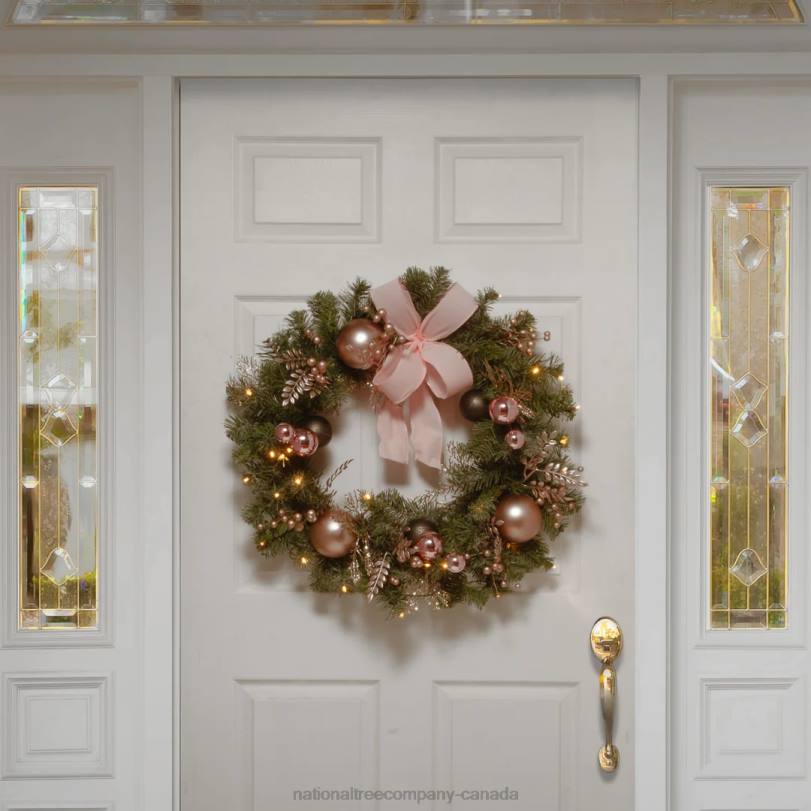 H4X0299National Tree Company Pre-Lit Artificial Christmas Wreath, Green, Bristle Berry Pine, White Lights, Decorated with Ball Ornaments, Pink Ribbon Bows, Twigs, Christmas Collection, 28 Inches