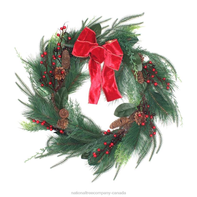 H4X0323National Tree Company Artificial Christmas Mixed Pine Bristle Branch Wreath, Decorated with Red Bow, Berries, and Pinecones, 26 in
