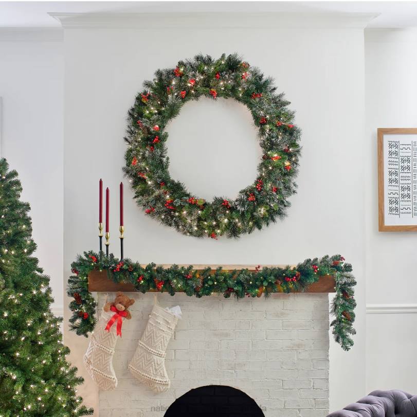 H4X0240National Tree Company Pre-Lit Artificial Christmas Wreath, Green, Wintry Pine, White Lights, Decorated with Pine Cones, Berry Clusters, Frosted Branches, Christmas Collection, 48 Inches