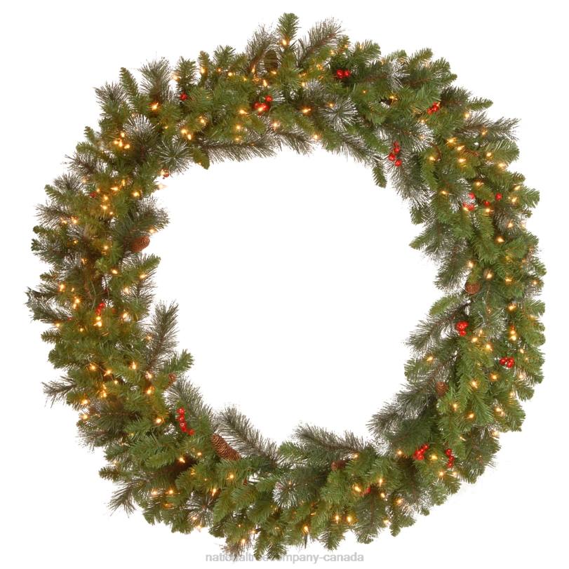 H4X0285National Tree Company Pre-Lit Artificial Christmas Wreath, Green, Crestwood Spruce, White Lights, Decorated with Pine Cones, Berry Clusters, Christmas Collection, 48 Inches