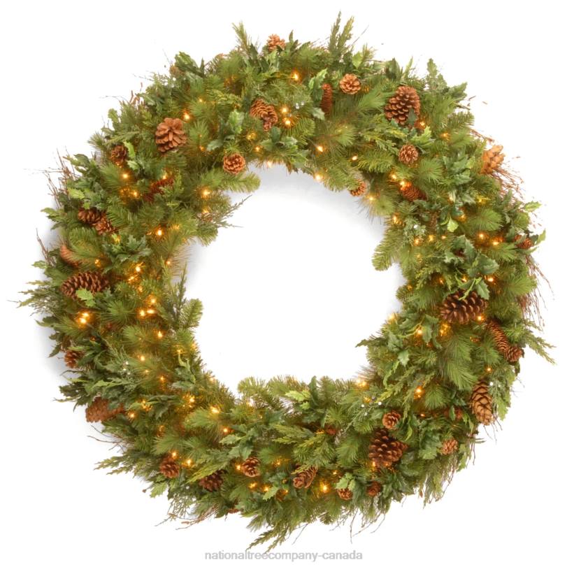 H4X0313National Tree Company Pre-Lit Artificial Christmas Wreath, Green, Juniper Pine, White Lights, Decorated with Pine Cones, Christmas Collection, 48 Inches