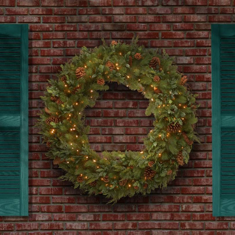H4X0313National Tree Company Pre-Lit Artificial Christmas Wreath, Green, Juniper Pine, White Lights, Decorated with Pine Cones, Christmas Collection, 48 Inches