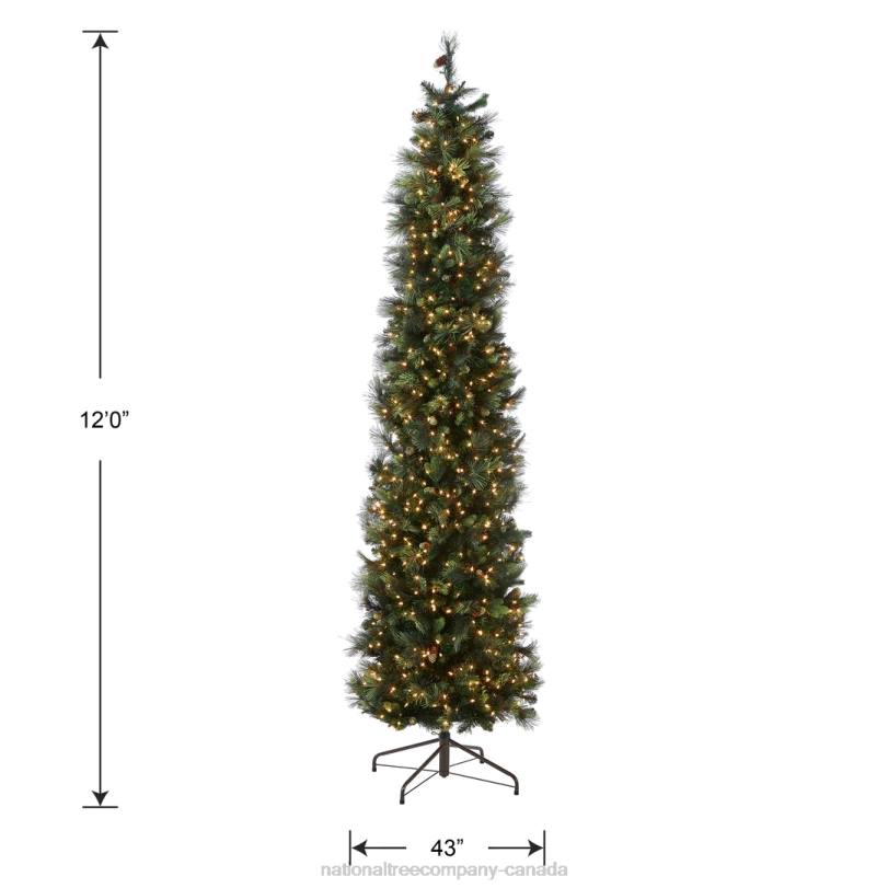 H4X043National Tree Company Pre-Lit Artificial Giant Slim Christmas Tree, Green, Carolina Pine, White Lights, Flocked with Pine Cones, Includes Stand, 12 feet