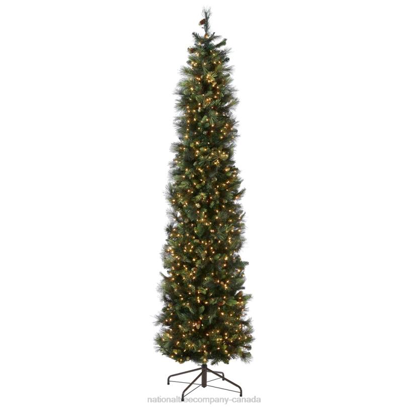 H4X043National Tree Company Pre-Lit Artificial Giant Slim Christmas Tree, Green, Carolina Pine, White Lights, Flocked with Pine Cones, Includes Stand, 12 feet