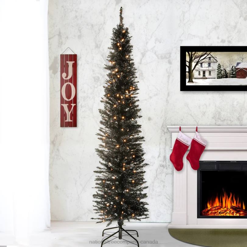 H4X0142National Tree Company Pre-Lit Artificial Christmas Tree, Black Tinsel, White Lights, Includes Stand, 6 feet