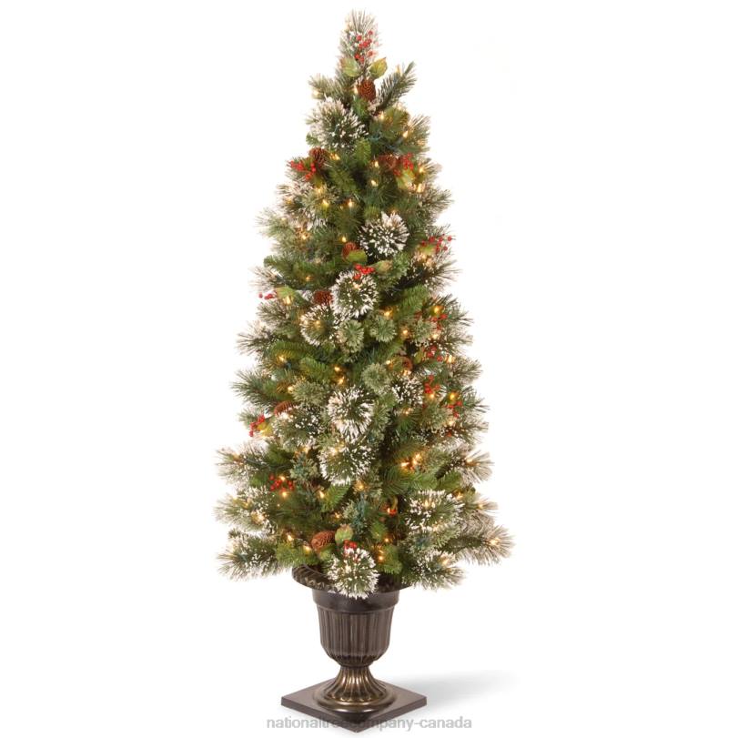 H4X0175National Tree Company Pre-Lit Artificial Entrance Christmas Tree, Wintry Pine, Green, White Lights, Decorated with Berry Clusters, Pine Cones, Includes Metal Base, 5 Feet