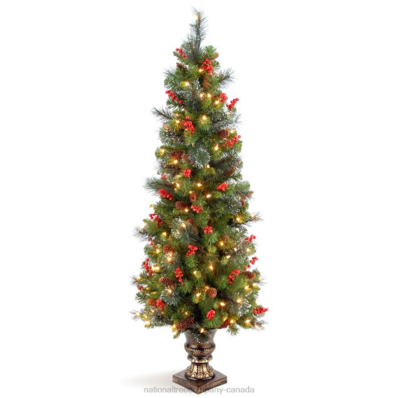 H4X0191National Tree Company Pre-Lit Artificial Entrance Christmas Tree, Green, Crestwood Spruce, White Lights, Decorated with Pine Cones, Berry Clusters, Frosted Branches, Includes Pot Base, 5 Feet