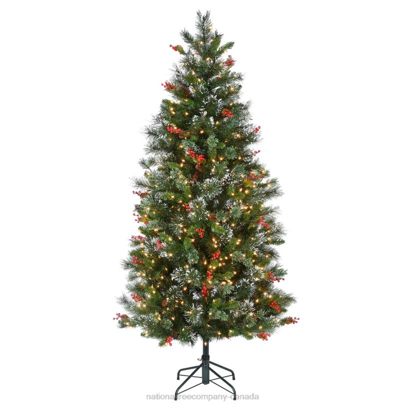 H4X0197National Tree Company Pre-Lit Artificial Christmas Tree, Wintry Pine, Green, White Lights, Decorated with Pine Cones, Berry Clusters, Includes Stand, 6.5 Feet