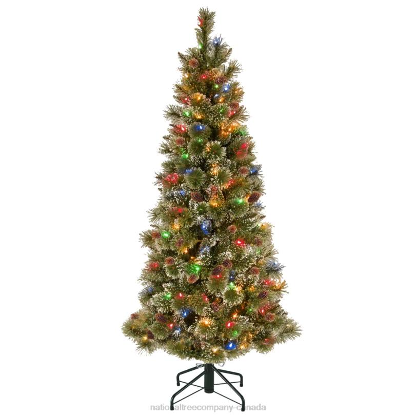 H4X0204National Tree Company Pre-Lit Artificial Slim Christmas Tree, Glittering Pine, Green, Multicolor Lights, Decorated with Pine Cones, Ball Ornaments, Includes Stand, 5 Feet