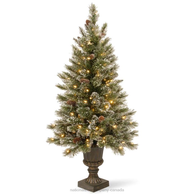 H4X0207National Tree Company Pre-Lit Artificial Entrance Christmas Tree, Green, Glittery Bristle Pine, White LED Lights, Flocked with Pine Cones, Frosted Branches, Includes Decorative Urn Base, 5 Feet