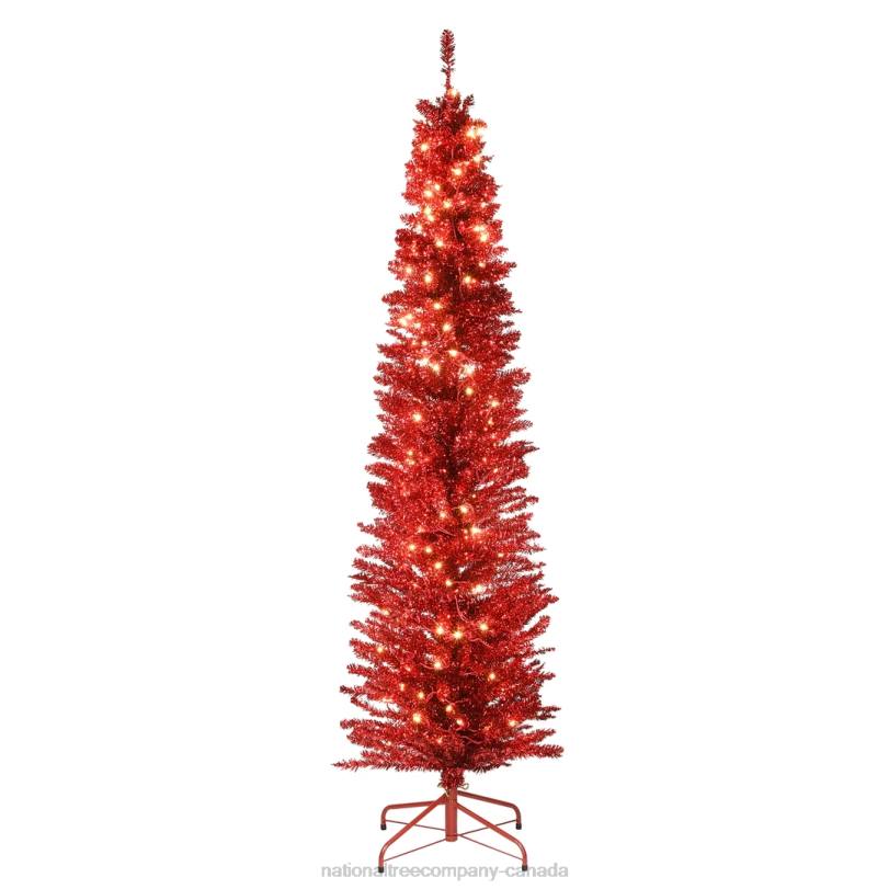 H4X063National Tree Company Pre-Lit Artificial Christmas Tree, Red Tinsel, White Lights, Includes Stand, 6 feet