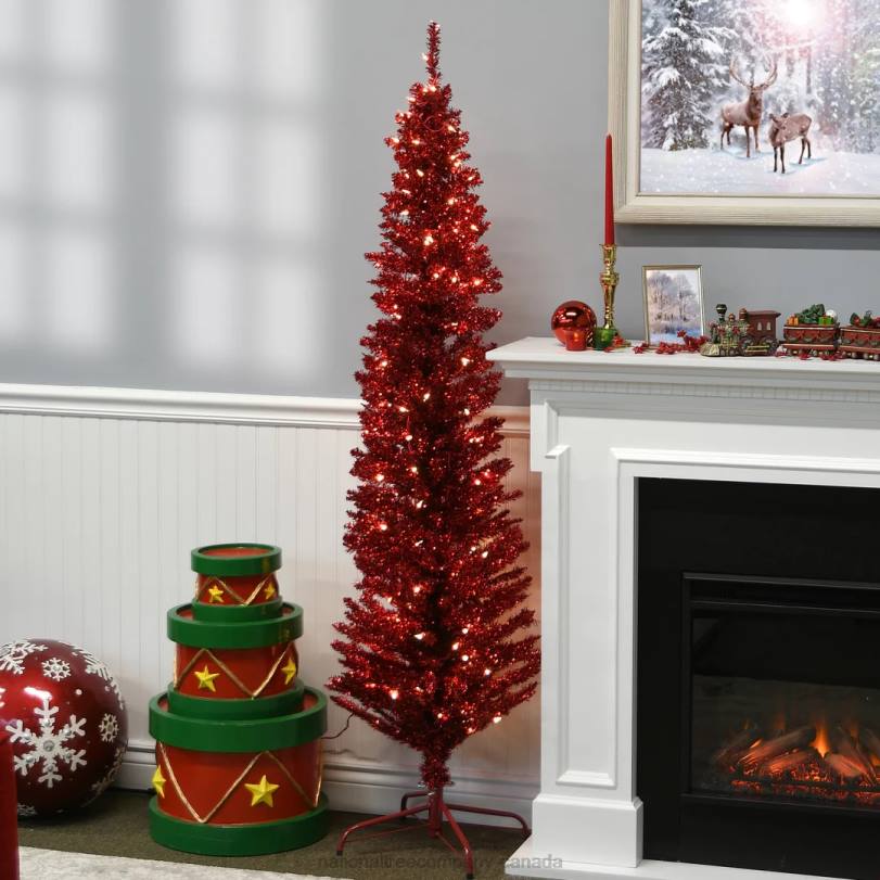 H4X063National Tree Company Pre-Lit Artificial Christmas Tree, Red Tinsel, White Lights, Includes Stand, 6 feet