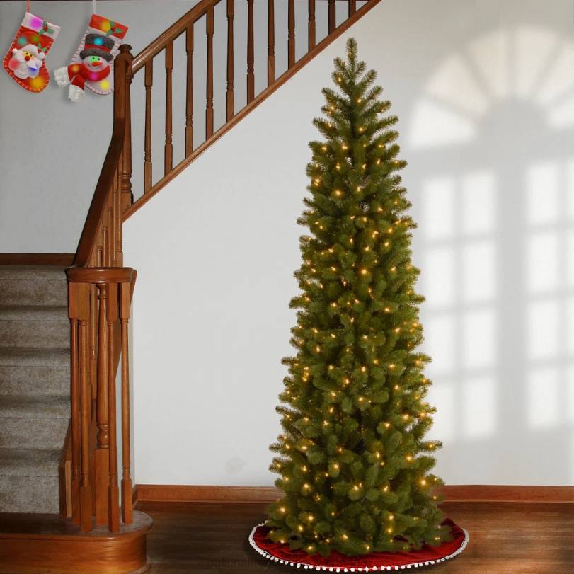 H4X066National Tree Company Pre-Lit 'Feel Real' Artificial Slim Downswept Christmas Tree, Green, Douglas Fir, White Lights, Includes Stand, 6.5 feet