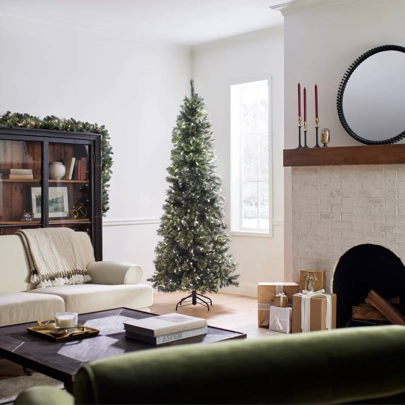 H4X0127National Tree Company Pre-Lit Artificial Slim Christmas Tree, Green, Glittery Bristle Pine, White Lights, Includes Stand, 7.5 Feet