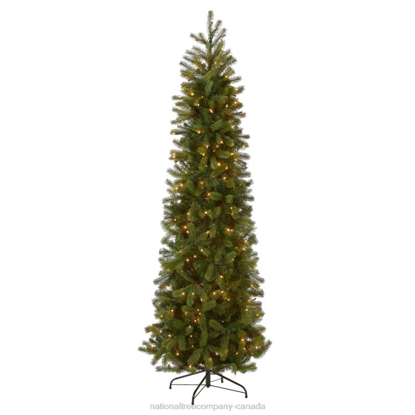 H4X014National Tree Company Pre-Lit 'Feel Real' Artificial Slim Downswept Christmas Tree, Green, Douglas Fir, White Lights, Includes Stand, 9 Feet