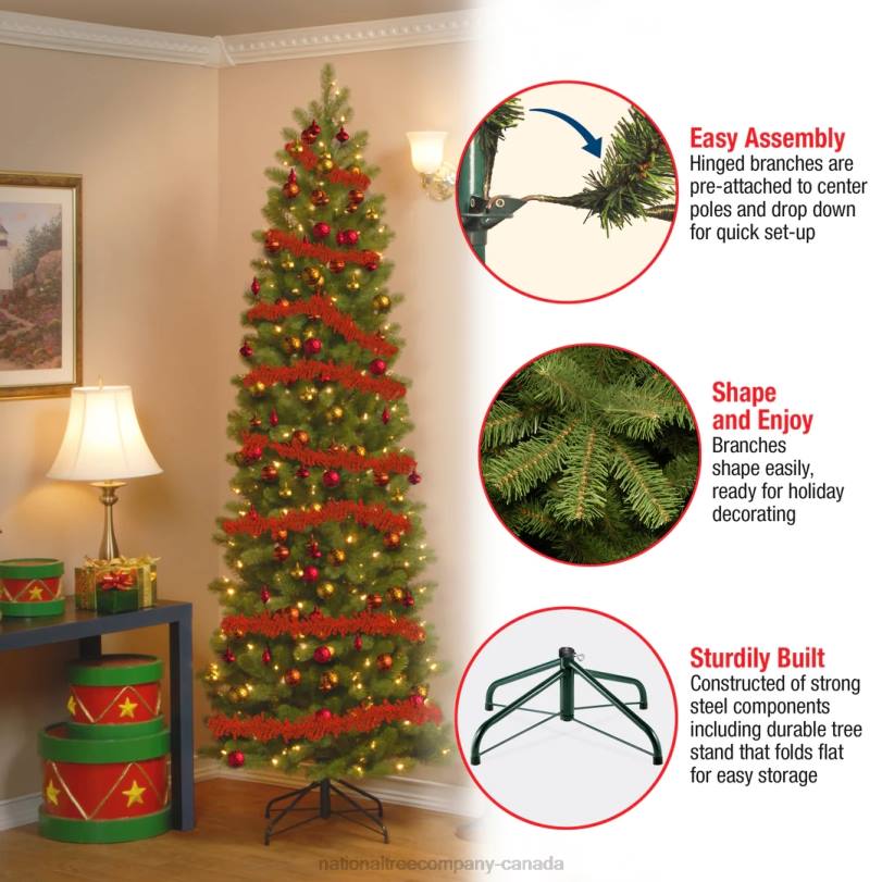 H4X014National Tree Company Pre-Lit 'Feel Real' Artificial Slim Downswept Christmas Tree, Green, Douglas Fir, White Lights, Includes Stand, 9 Feet