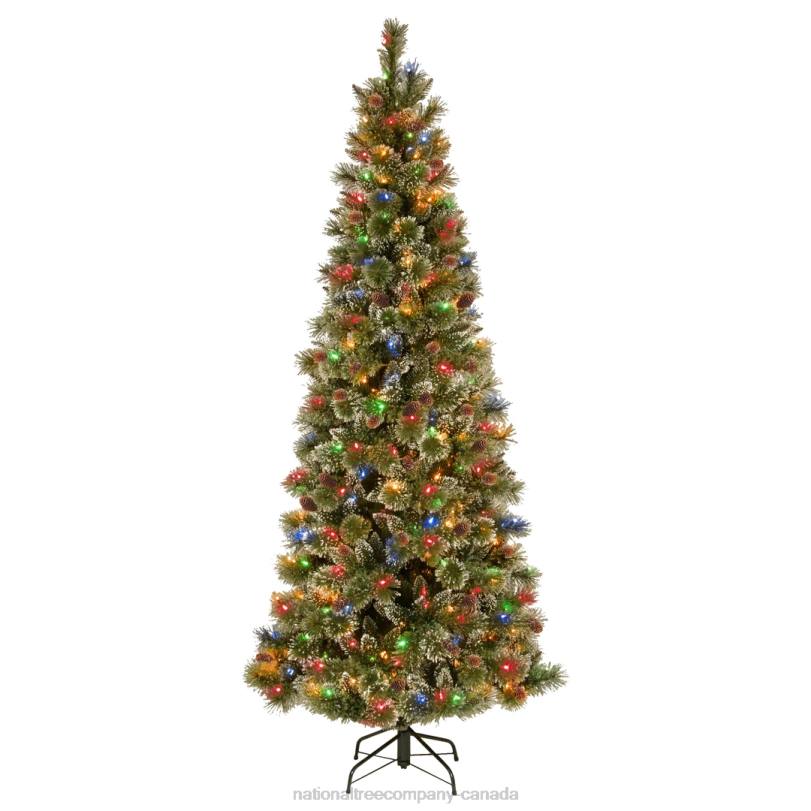 H4X0173National Tree Company Pre-Lit Artificial Slim Christmas Tree, Glittering Pine, Green, Multicolor Lights, Decorated with Pine Cones, Ball Ornaments, Includes Stand, 7 Feet