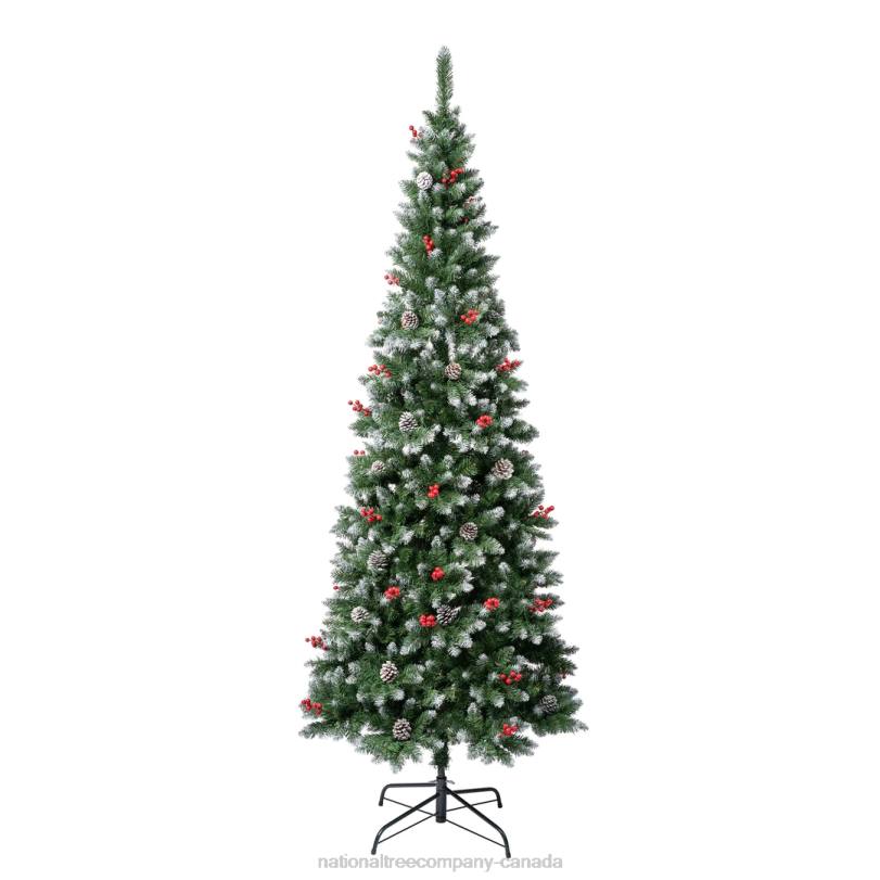 H4X0185National Tree Company First Frosted Traditions Slim Christmas Tree with Hinged Branches, Pinecones and Red Berries, 7.5 ft